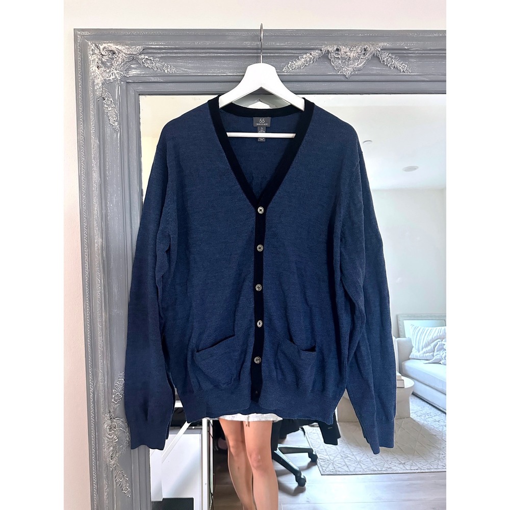 55 Broome Mens Blue Extra Fine Merino Wool V-Neck Long Sleeve Cardigan Sweater L